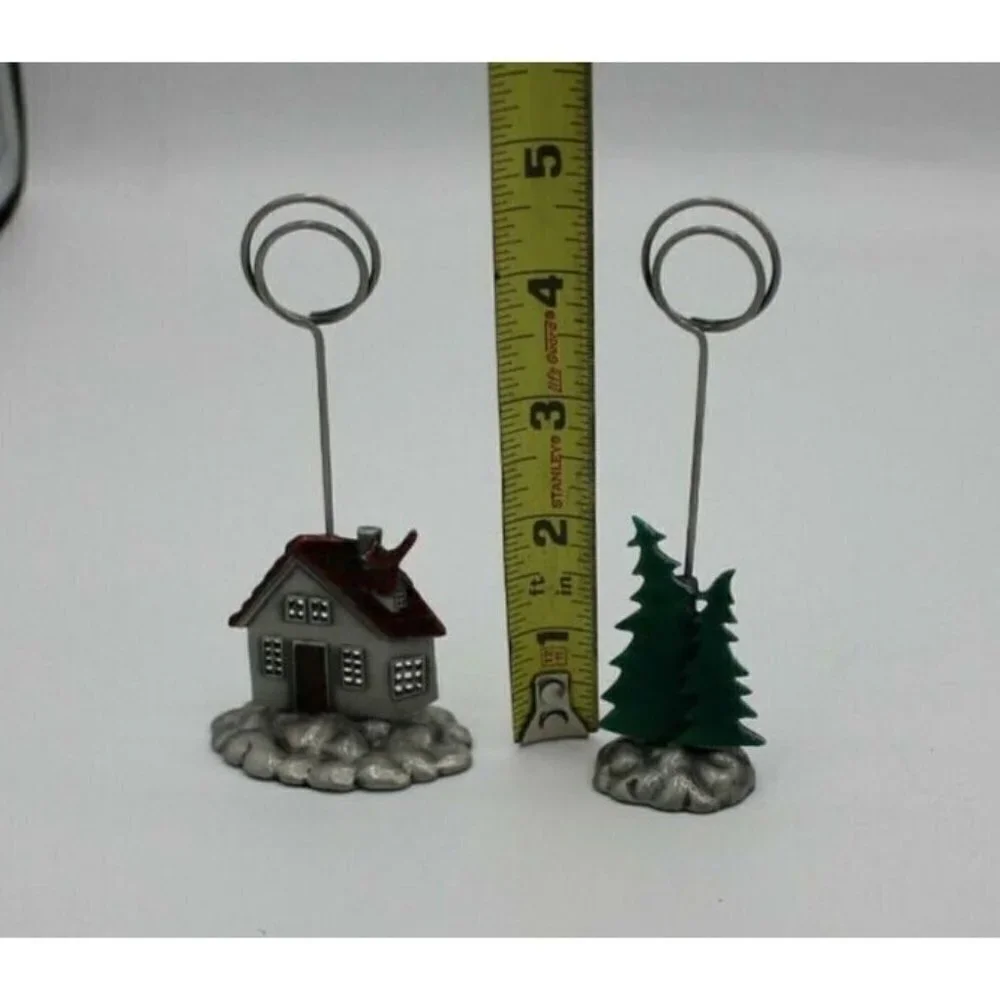 Christmas Place Card Holder Lot 2 Photo Tree House Cardinal Red Silver Tone